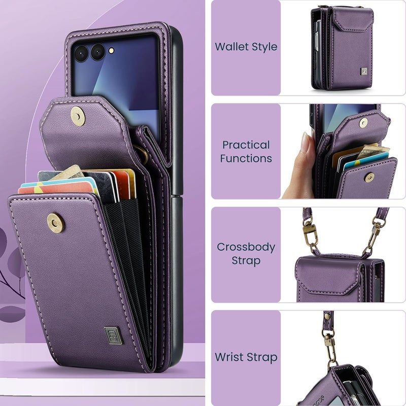 ASAPDOS Crossbody Case Compatible with Samsung Galaxy Z Flip 7,Retro PU Leather Strap Wristlet Flip Case with Magnetic Closure and Card Holder for Men Women Purple - Image 2